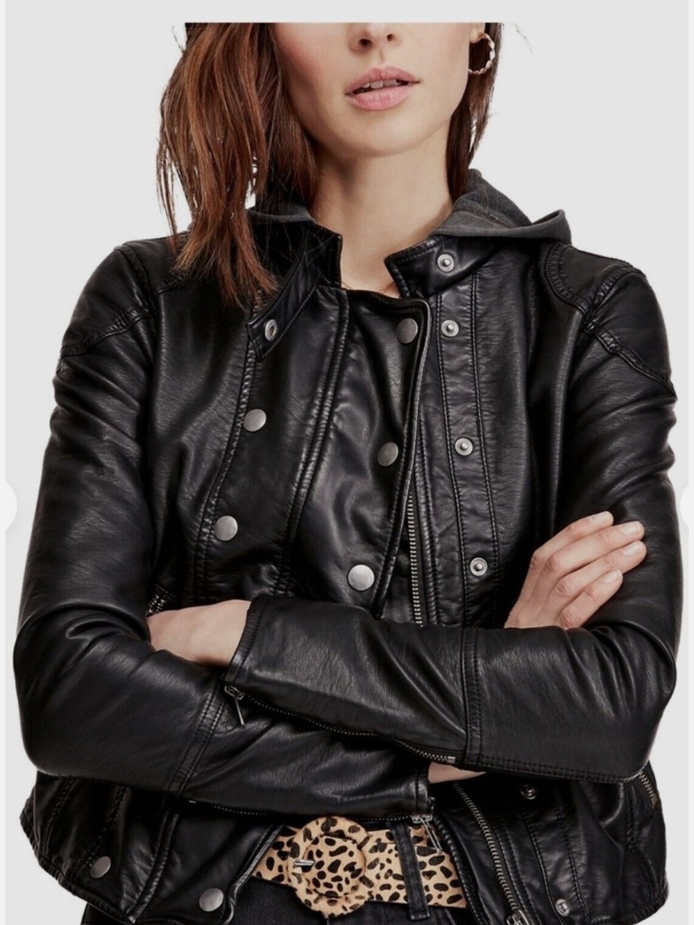 Free People New Dawn Vegan Leather Hooded Jacket size xs